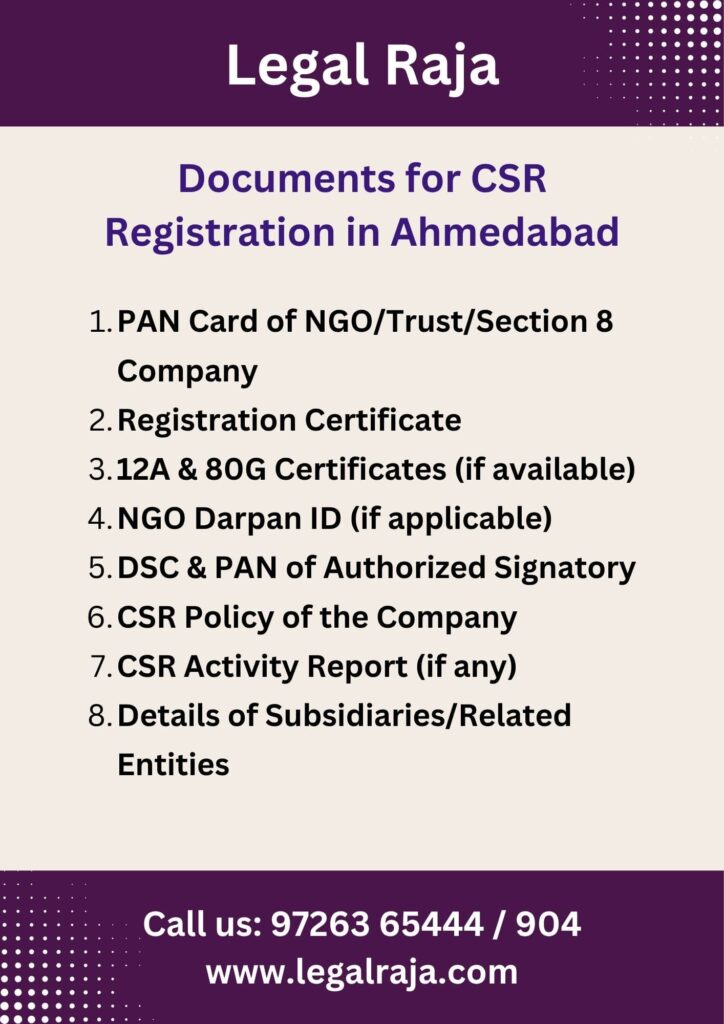 Documents for CSR Registration in Ahmedabad